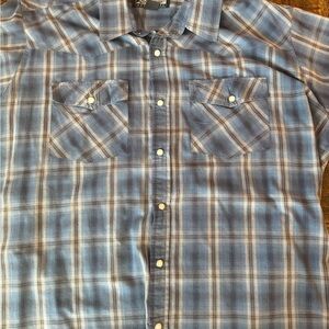 Blue and White Casual Button Down Shirt with Western Flair